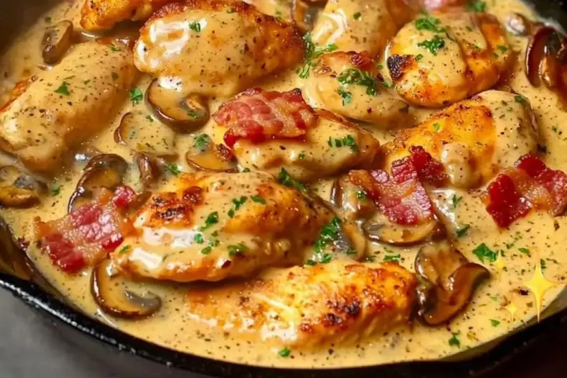 Foto ilustrativa da receita de Frango com Mostarda, Bacon e Cogumelos